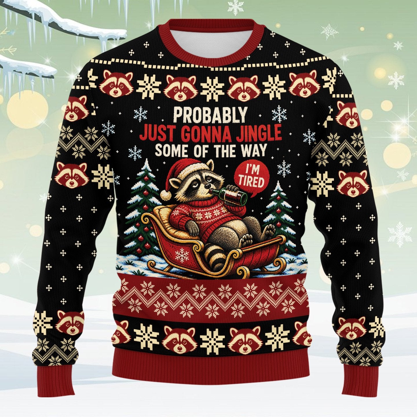 Another front view of the holiday ugly sweater with raccoon design