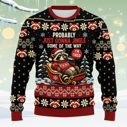 Another front view of the holiday ugly sweater with raccoon design