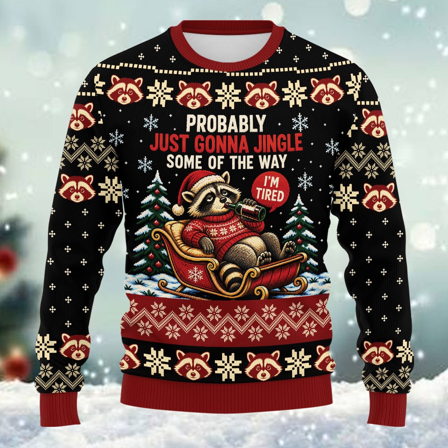 Front view showcasing the ugly sweater funny text and pattern