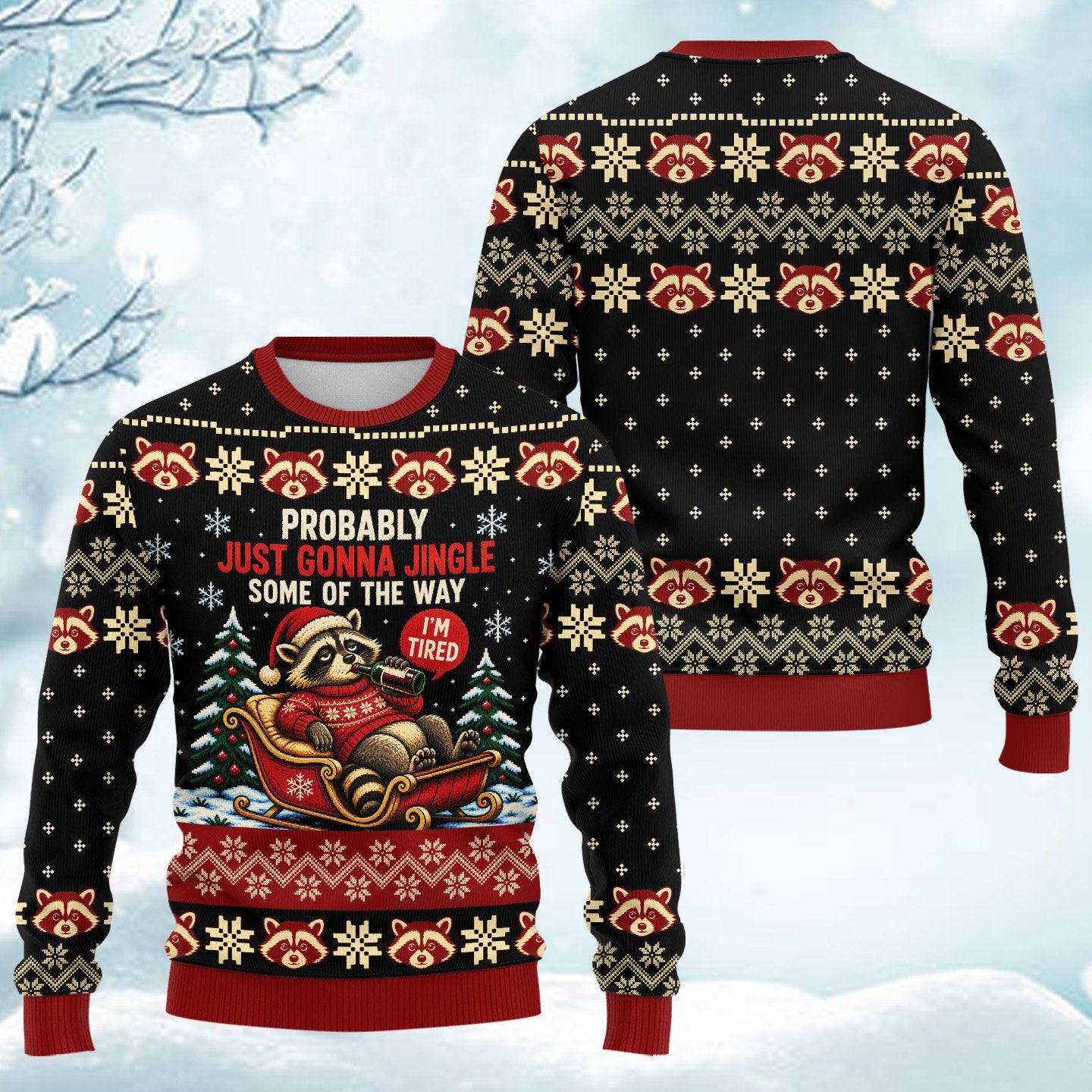 Additional front view of the raccoon ugly sweater