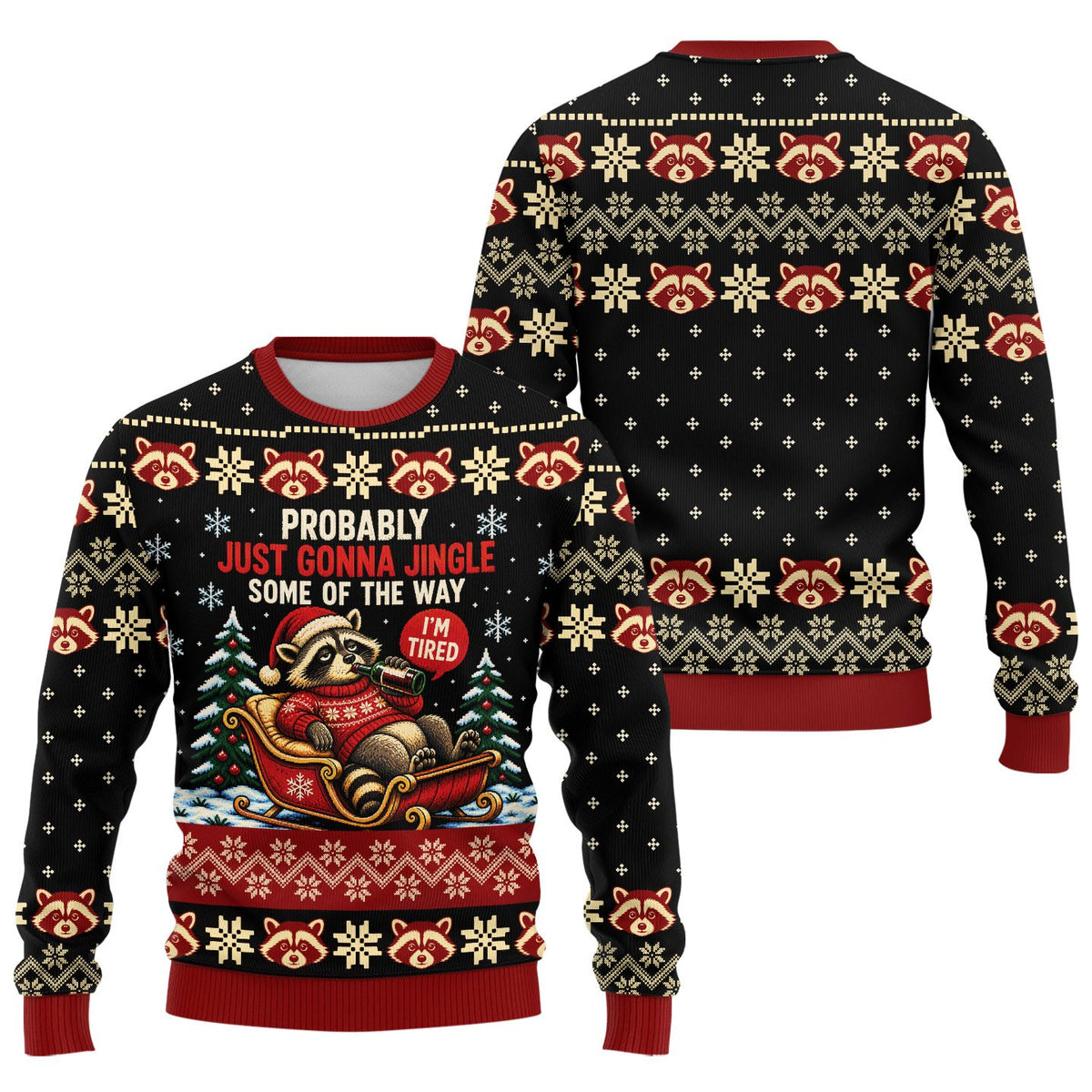 Front view of the funny raccoon ugly christmas sweater in black
