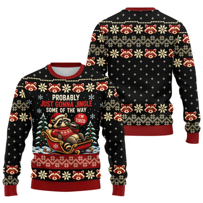 Front view of the funny raccoon ugly christmas sweater in black