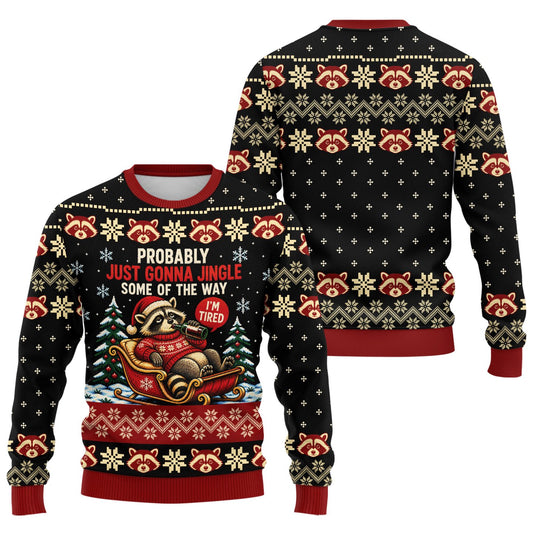 Funny raccoon ugly christmas sweater featuring a tired raccoon in a sleigh, main view