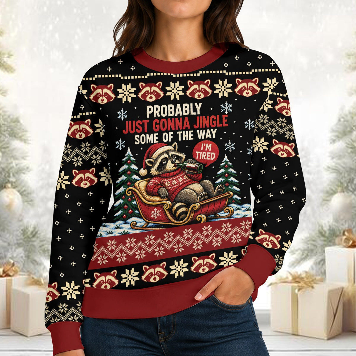 Lifestyle view of a person wearing the funny raccoon ugly christmas sweater