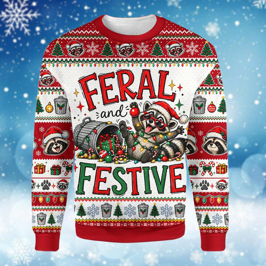 Feral and Festive raccoon ugly sweater, main view