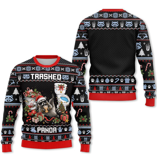 Black trashed ugly sweater with raccoon design, front view