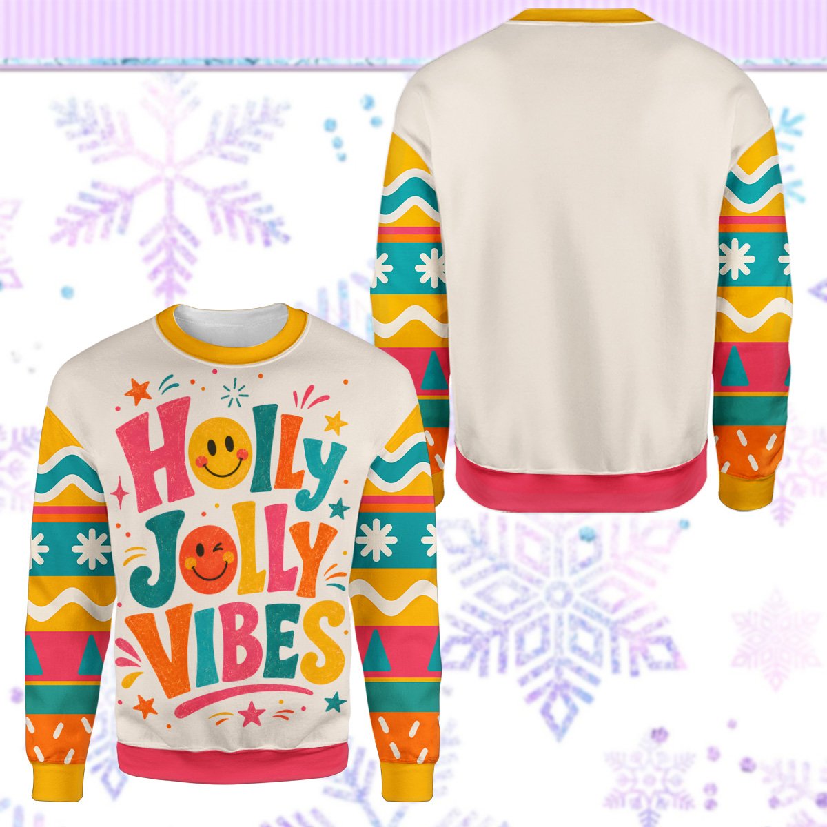 Flat lay front view of the white retro Christmas ugly sweater