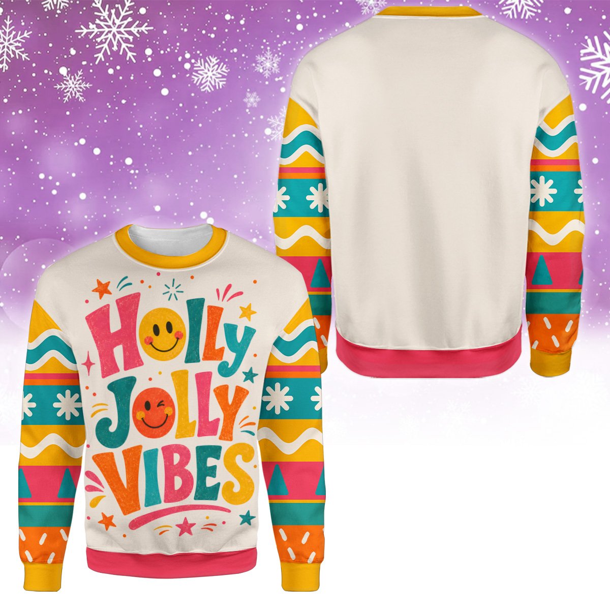 Colorful retro Christmas ugly sweater showing smiley face graphics and wavy text