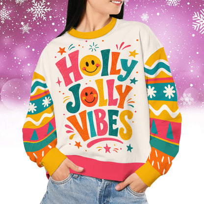 Lifestyle view of the Holly Jolly Vibes retro ugly sweater in a festive setting
