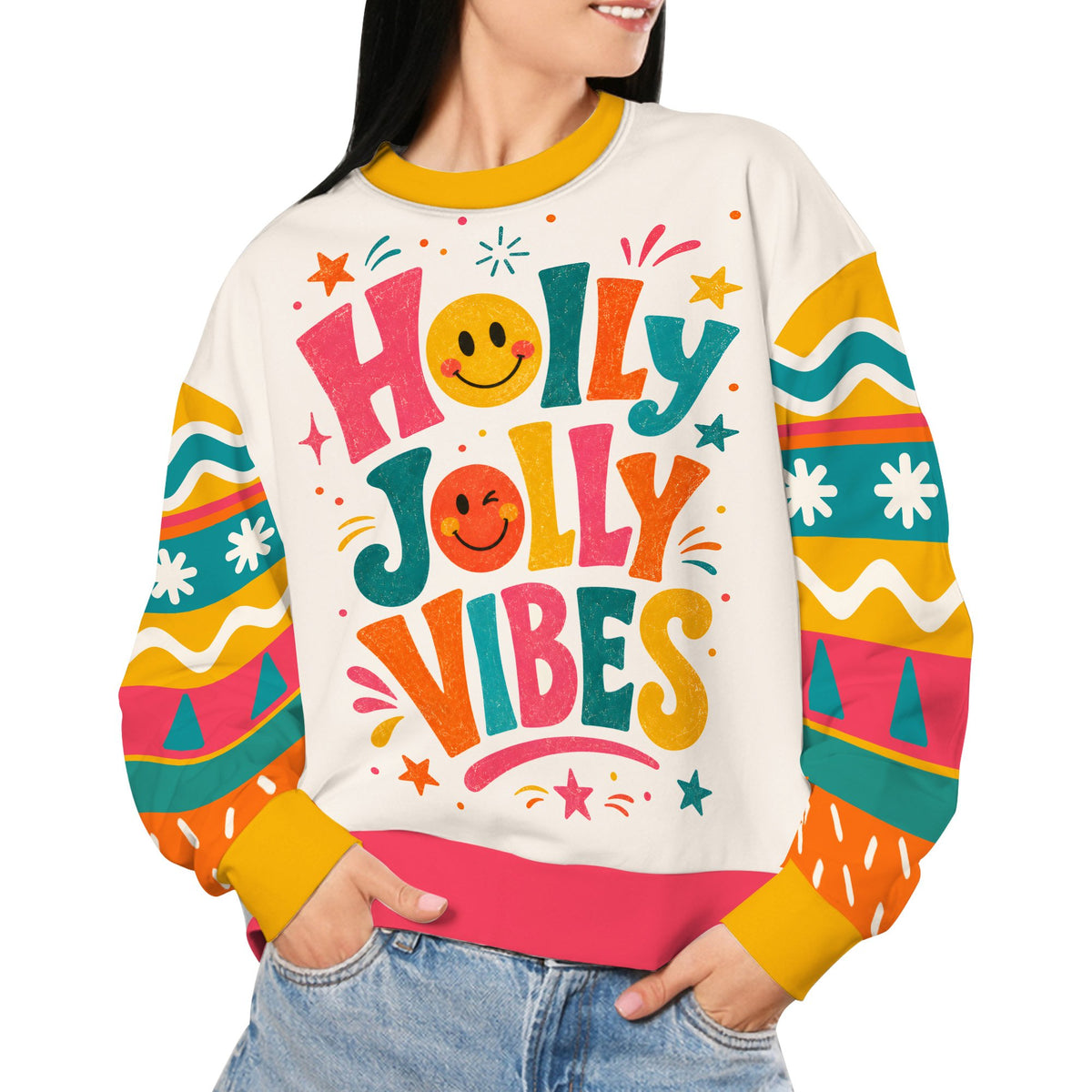Person wearing the retro ugly christmas sweater at a holiday gathering