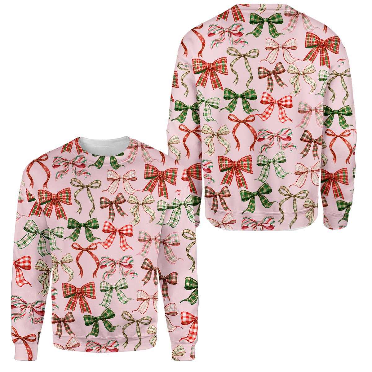 Adult christmas ugly sweater featuring holiday ribbons, front view