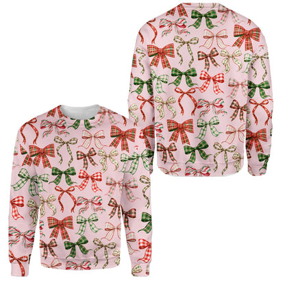 Adult christmas ugly sweater featuring holiday ribbons, front view