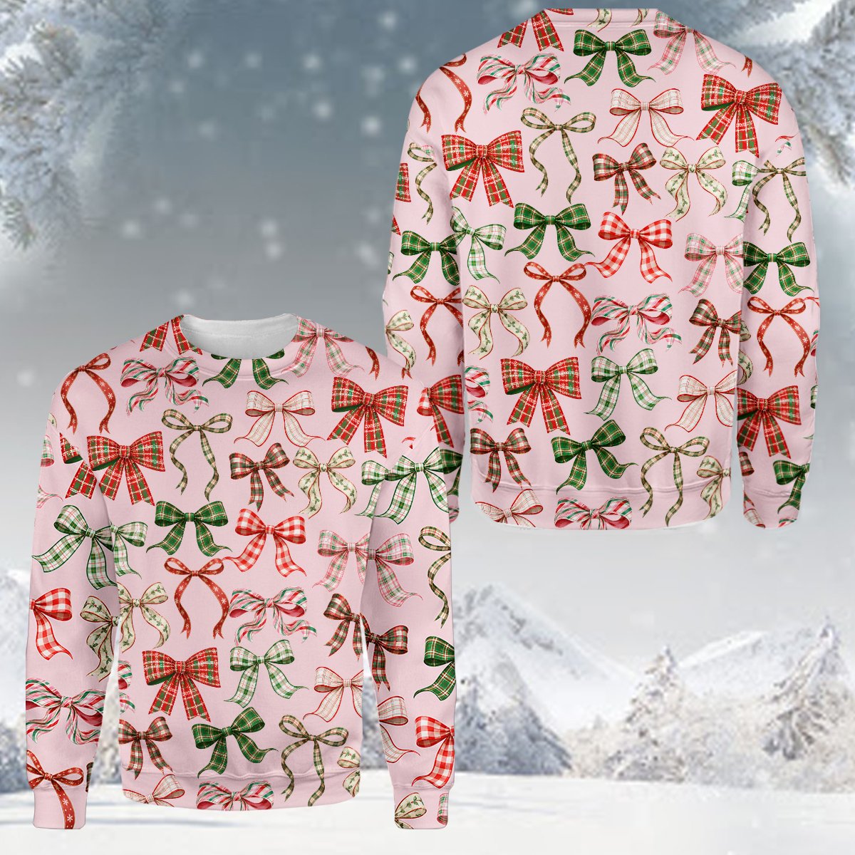 Ribbons and bows ugly sweater close up front view
