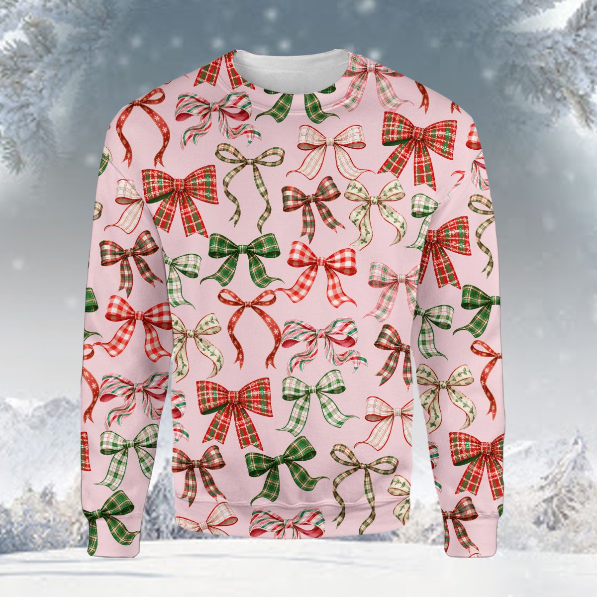 Ugly sweater award ribbons and bows holiday pattern on pink background, main view
