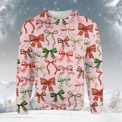 Ugly sweater award ribbons and bows holiday pattern on pink background, main view