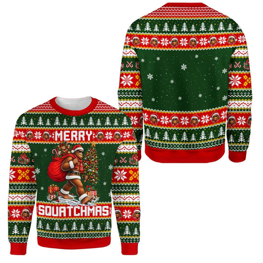 Green and red sasquatch ugly christmas sweater featuring Bigfoot Santa, main view