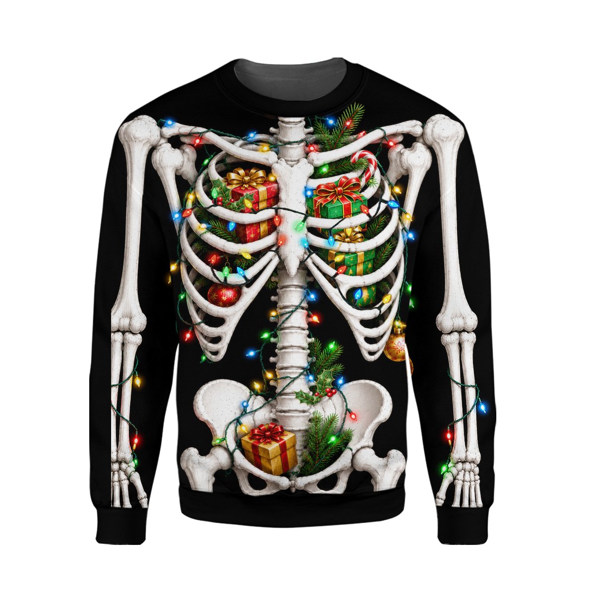 Black plus size ugly holiday sweater featuring a skeleton with Christmas lights, front view