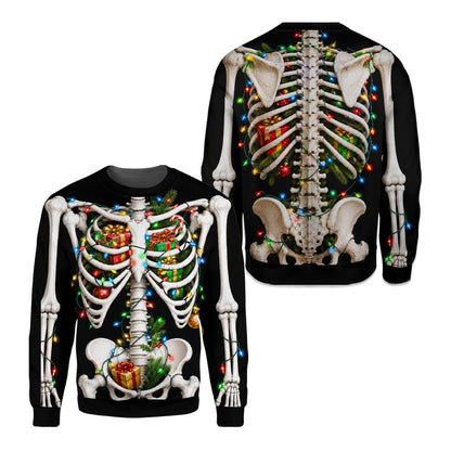 Angled view of the skeleton ugly sweater in black