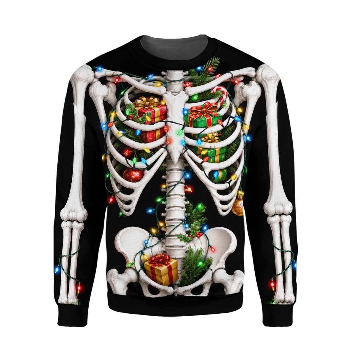 Close-up front view of the skeleton ugly sweater with Christmas presents