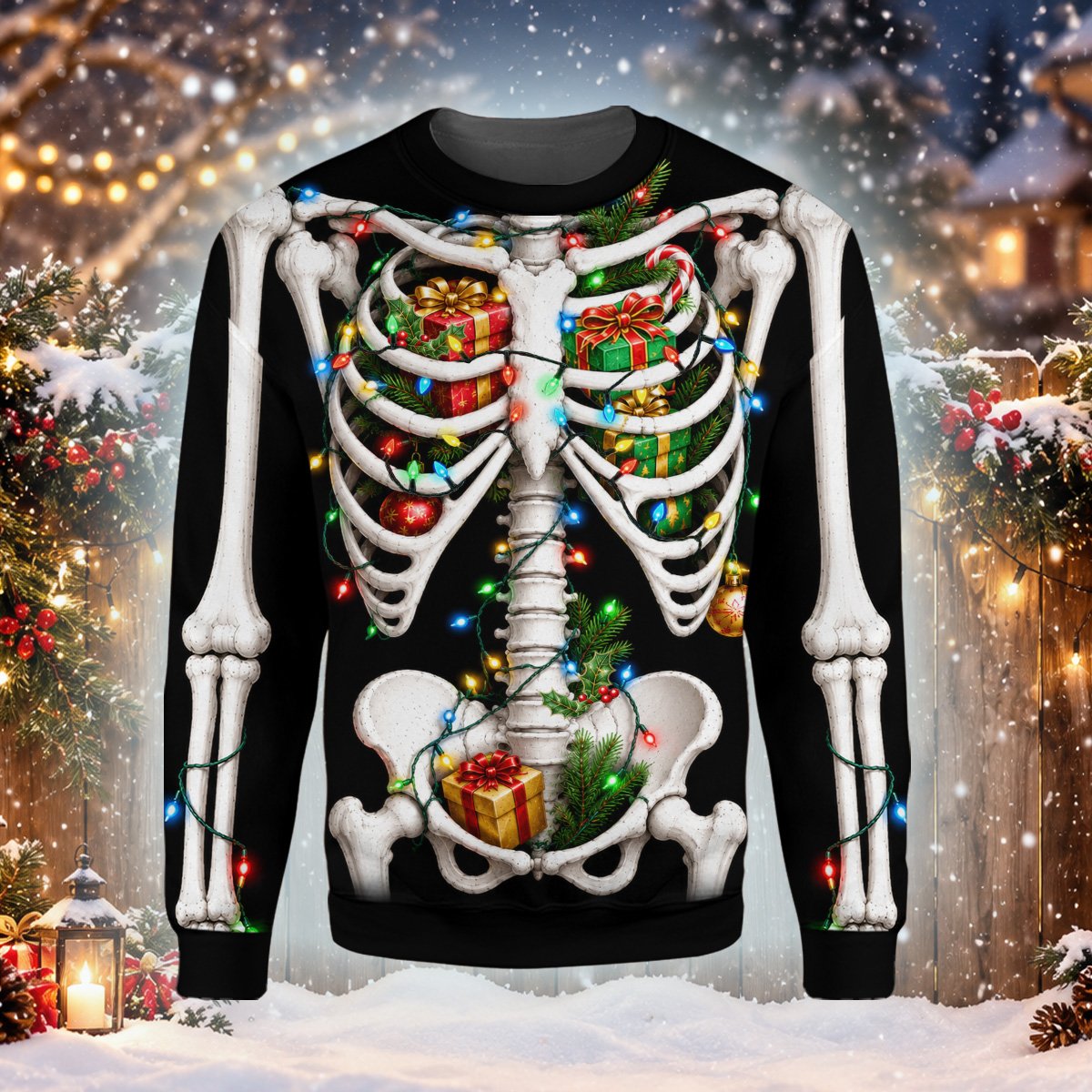 Front view of the holiday ugly sweater with skeleton torso and candy canes
