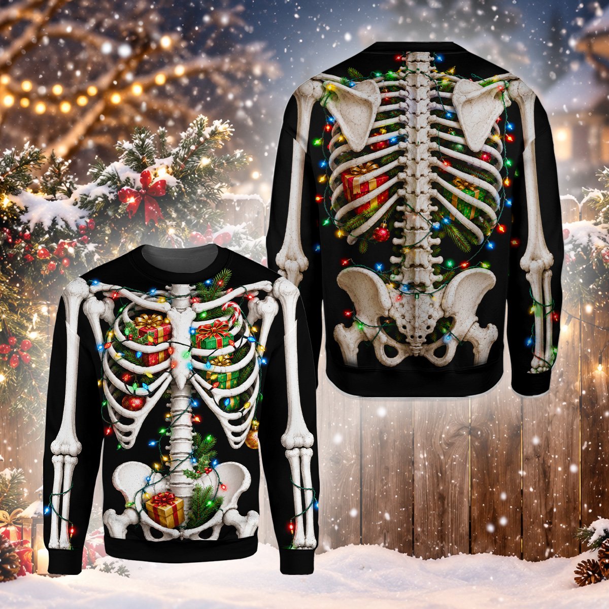 Another angled view of the festive skeleton ugly sweater