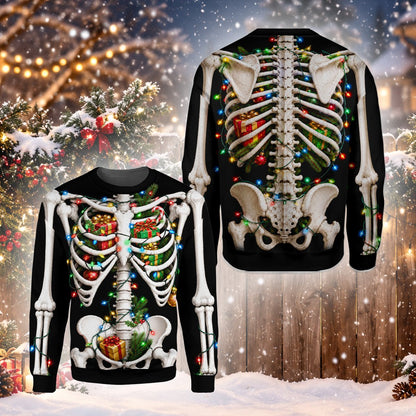 Another angled view of the festive skeleton ugly sweater