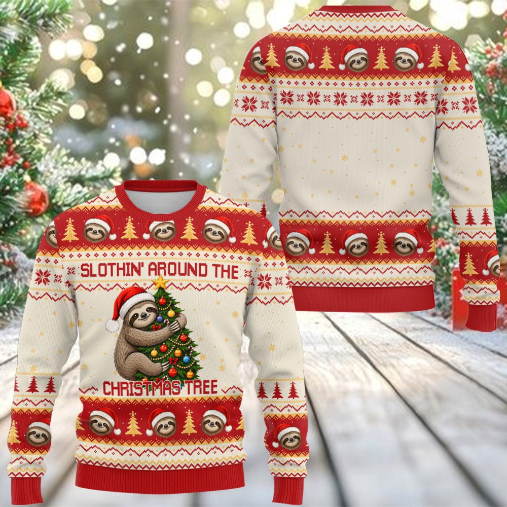 Detailed front view of the sloth and christmas tree design