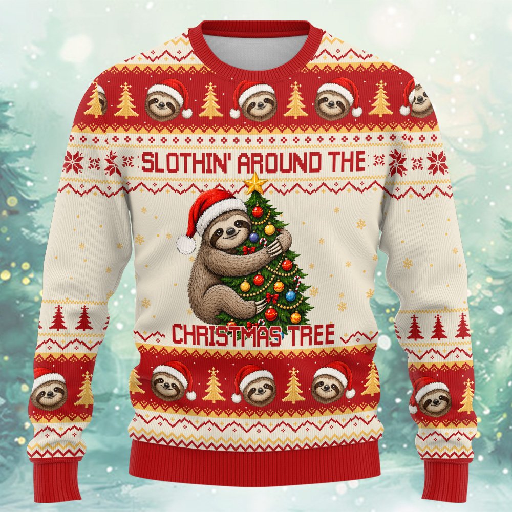 Close up front view showing the 'Slothin' Around The Christmas Tree' text