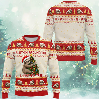 Front view of the ugly sloth christmas sweater on a cream background