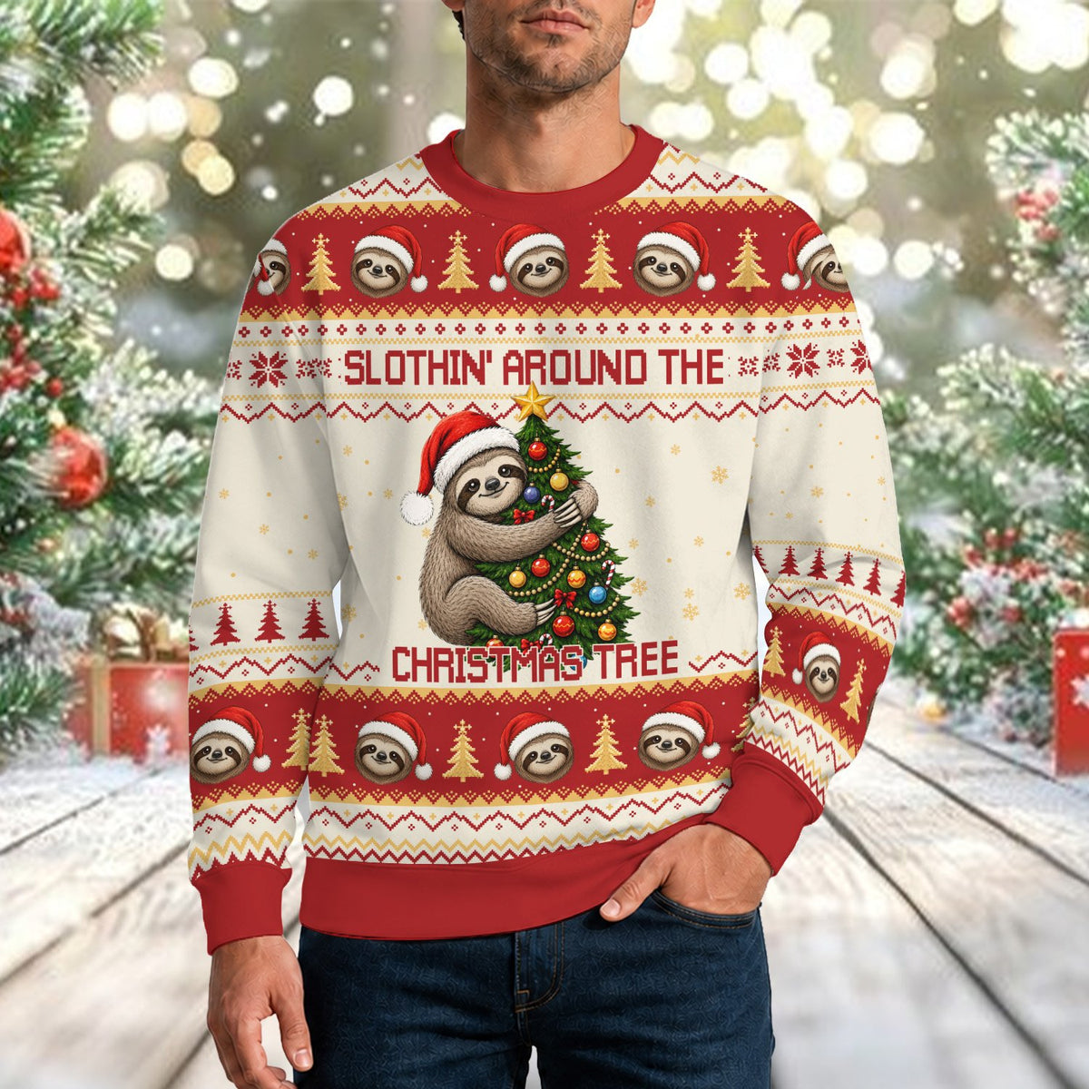 Third lifestyle view showcasing the sweater in a holiday setting