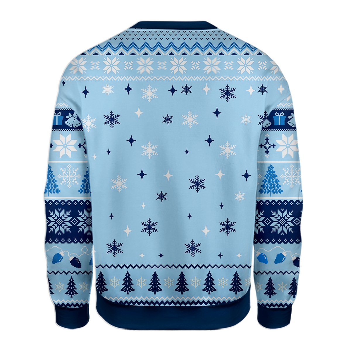 Back view of the blue snowman ugly sweater