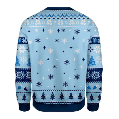 Back view of the blue snowman ugly sweater