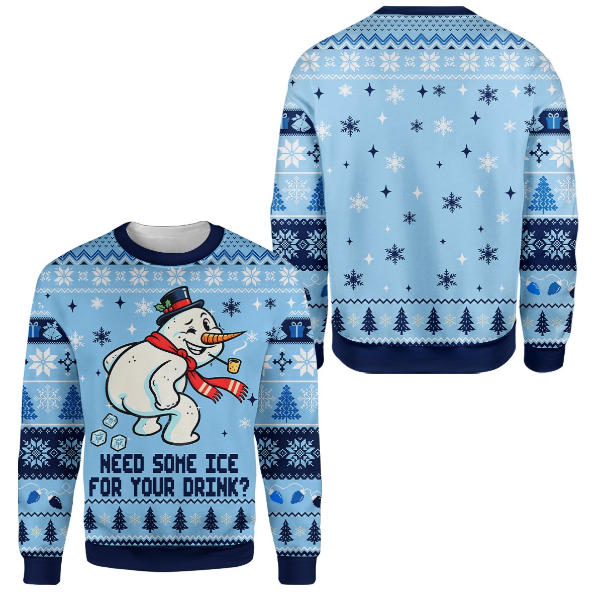 Main view of the blue snowman ugly sweater featuring a cheeky design and text