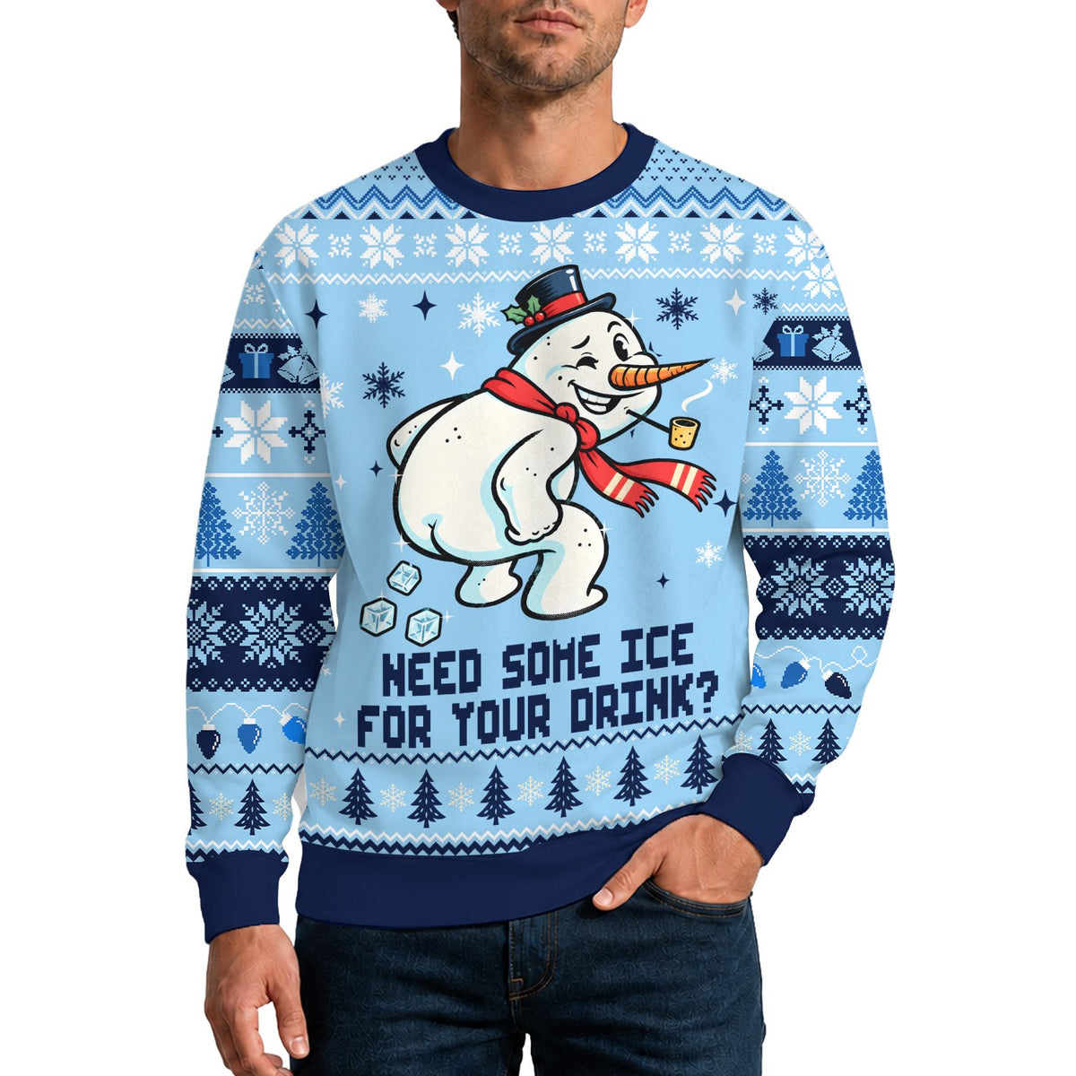 Fourth lifestyle view wearing the blue snowman ugly sweater
