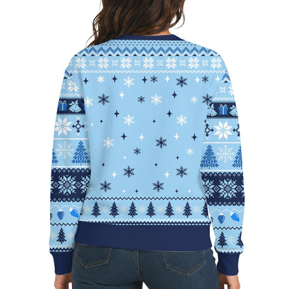 Lifestyle view of an adult wearing the blue snowman ugly sweater