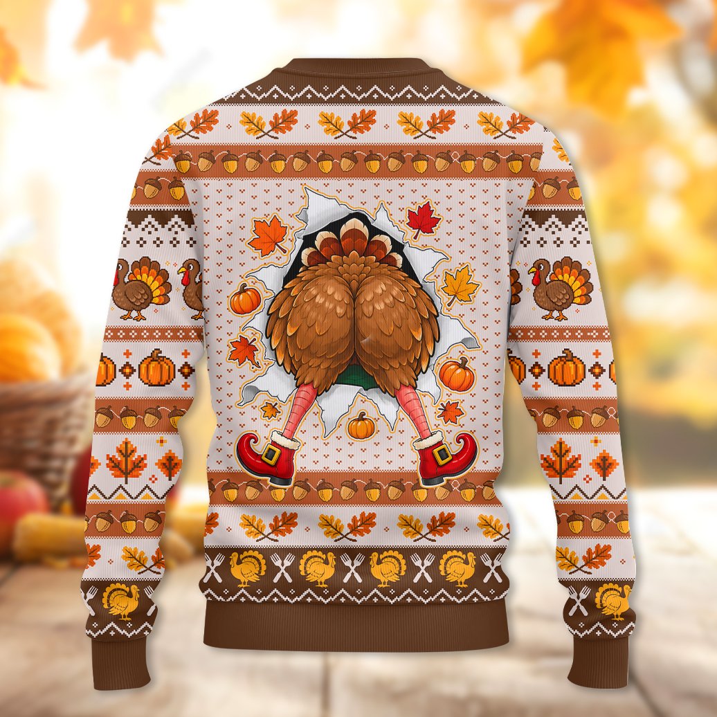 Back of the Thanksgiving turkey ugly holiday sweater featuring turkey feathers and legs