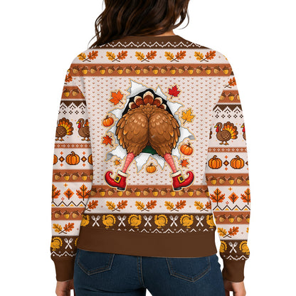 Detail back view of the Thanksgiving turkey ugly holiday sweater