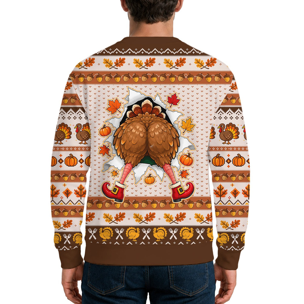 Front of the Thanksgiving turkey ugly holiday sweater showing brown faux knit design