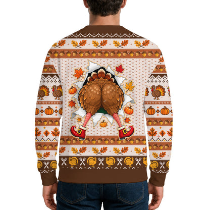 Front of the Thanksgiving turkey ugly holiday sweater showing brown faux knit design