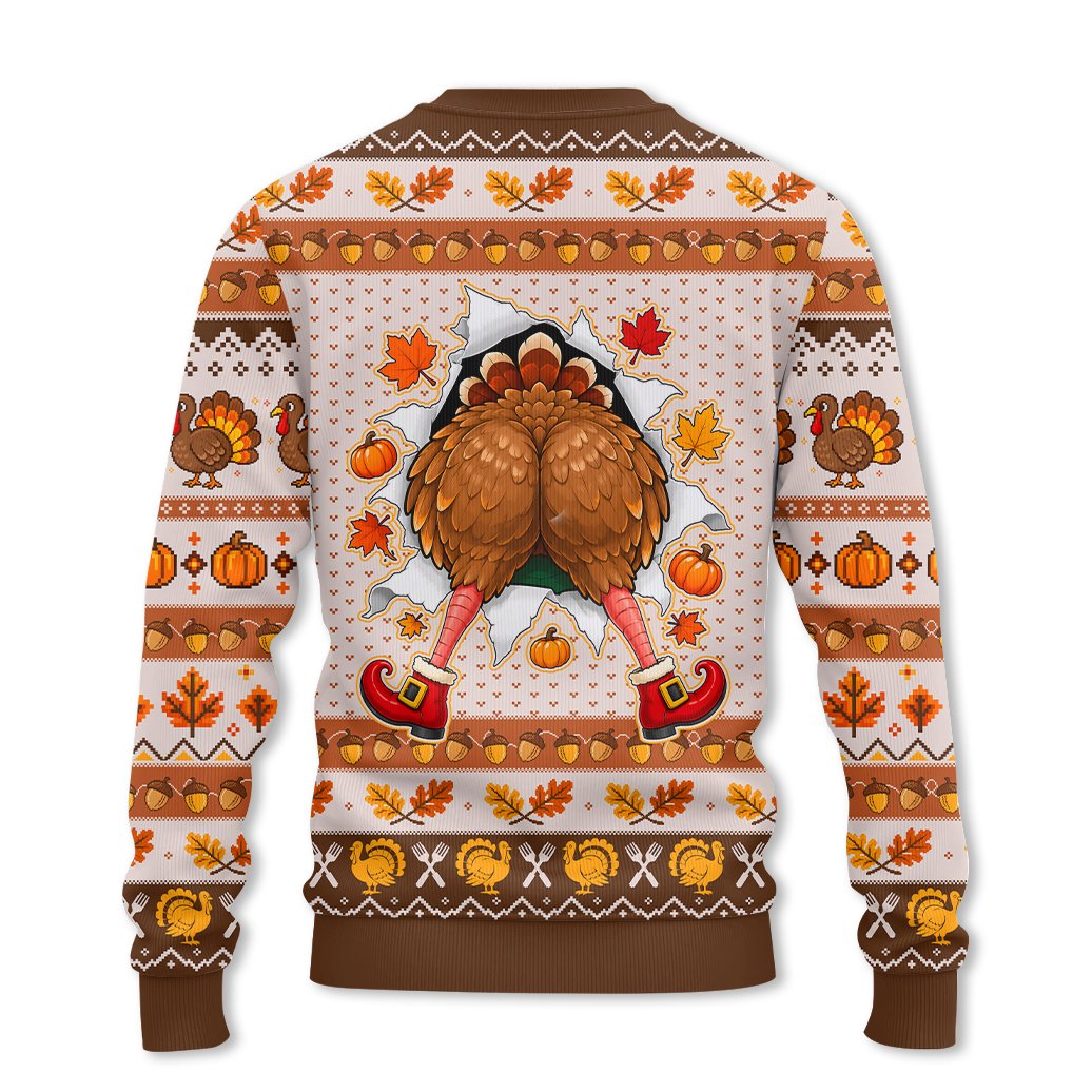 Thanksgiving turkey ugly holiday sweater with Guess What text, front view
