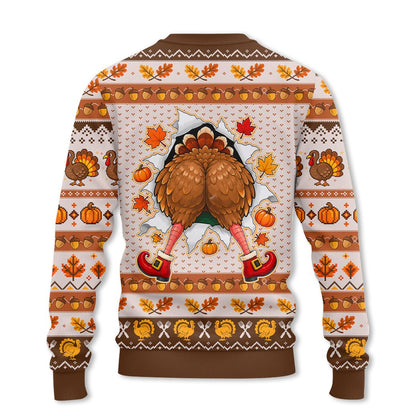 Thanksgiving turkey ugly holiday sweater with Guess What text, front view