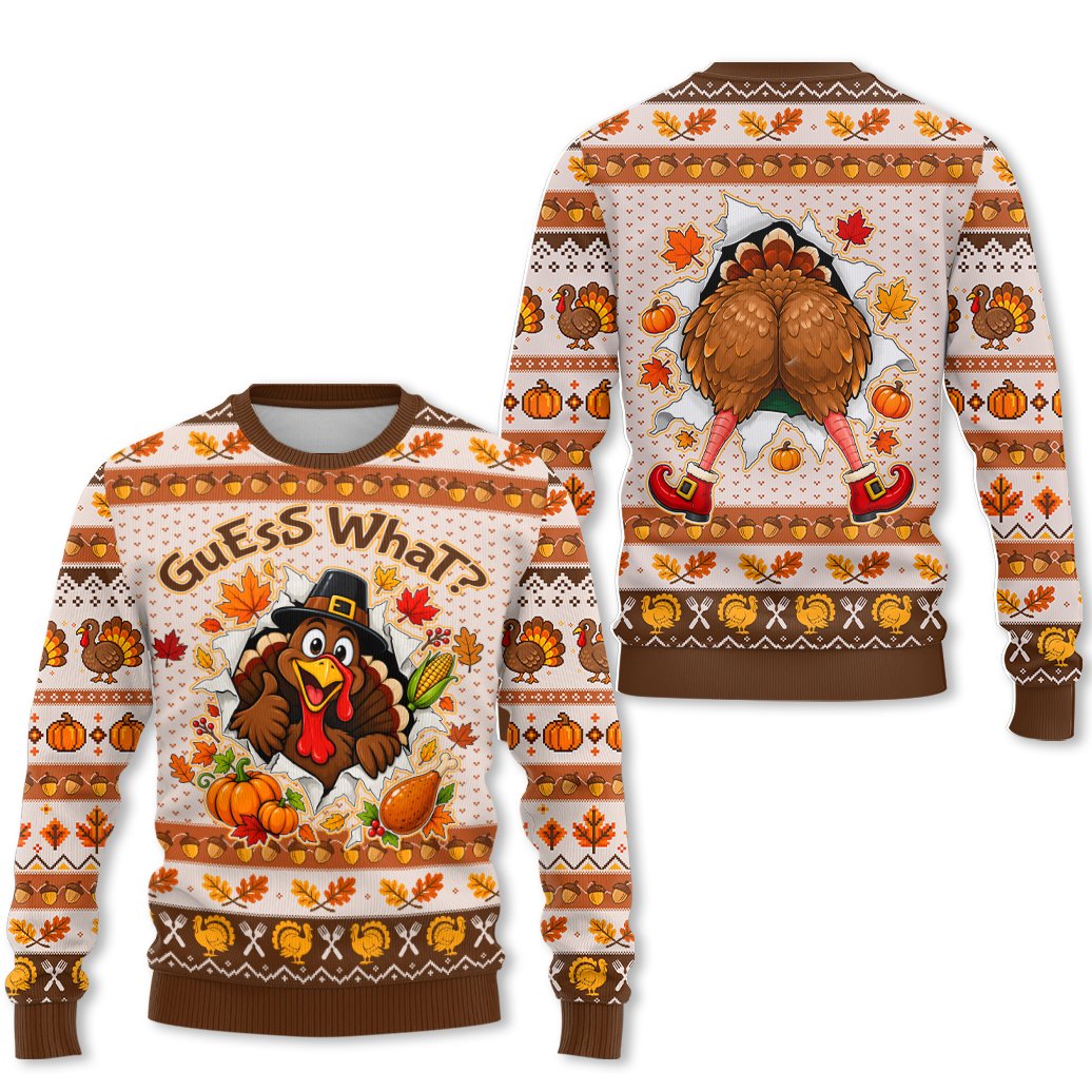 Angled view of the Thanksgiving turkey ugly holiday sweater