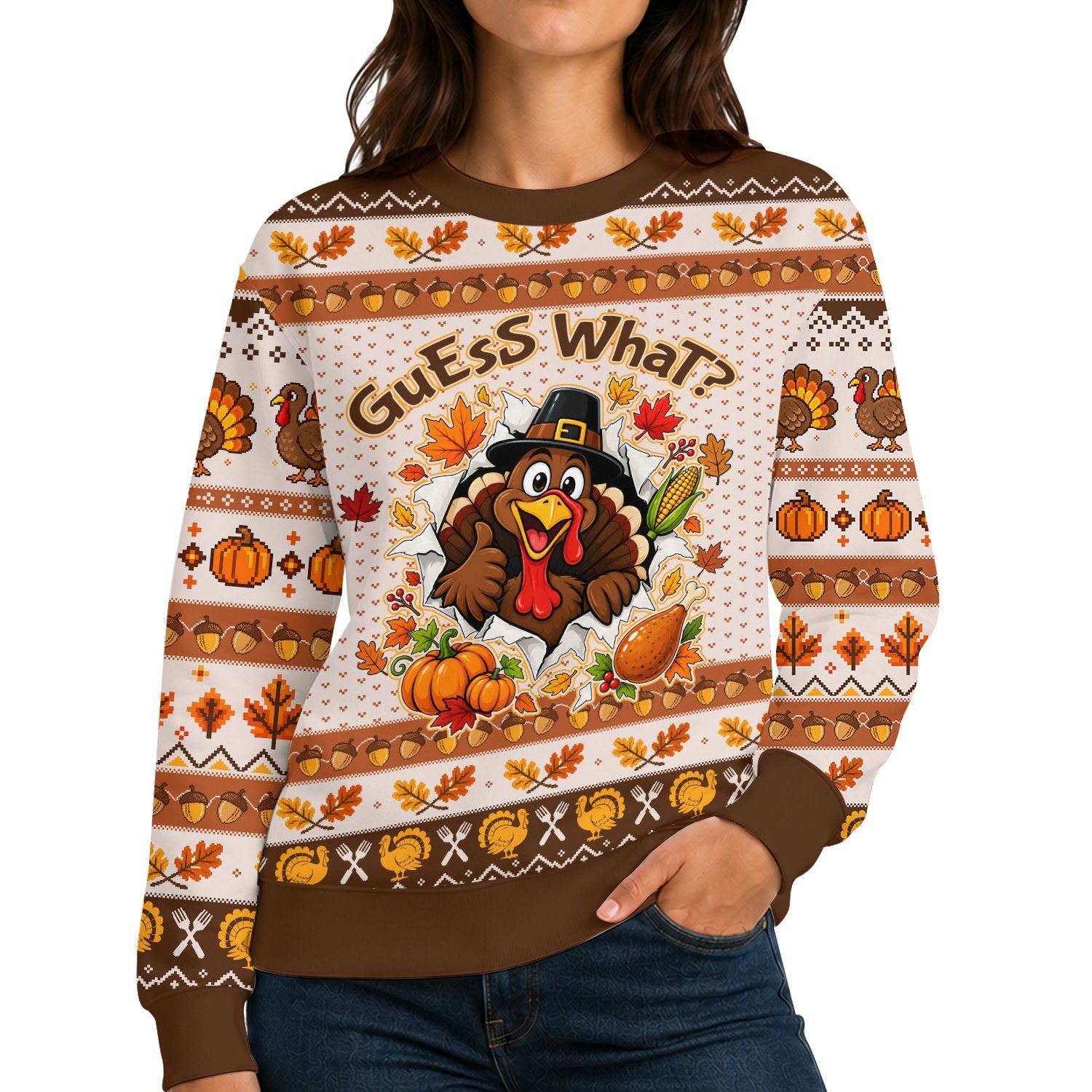 Close up detail view of the Thanksgiving turkey ugly holiday sweater