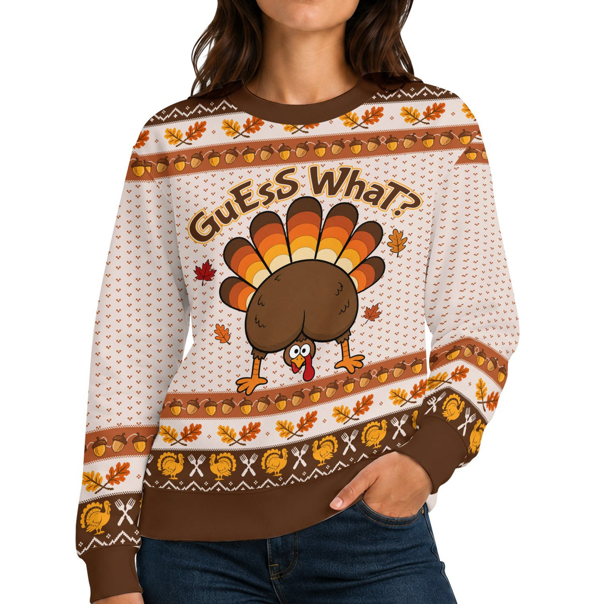 Front view of white thanksgiving ugly sweater featuring a funny turkey