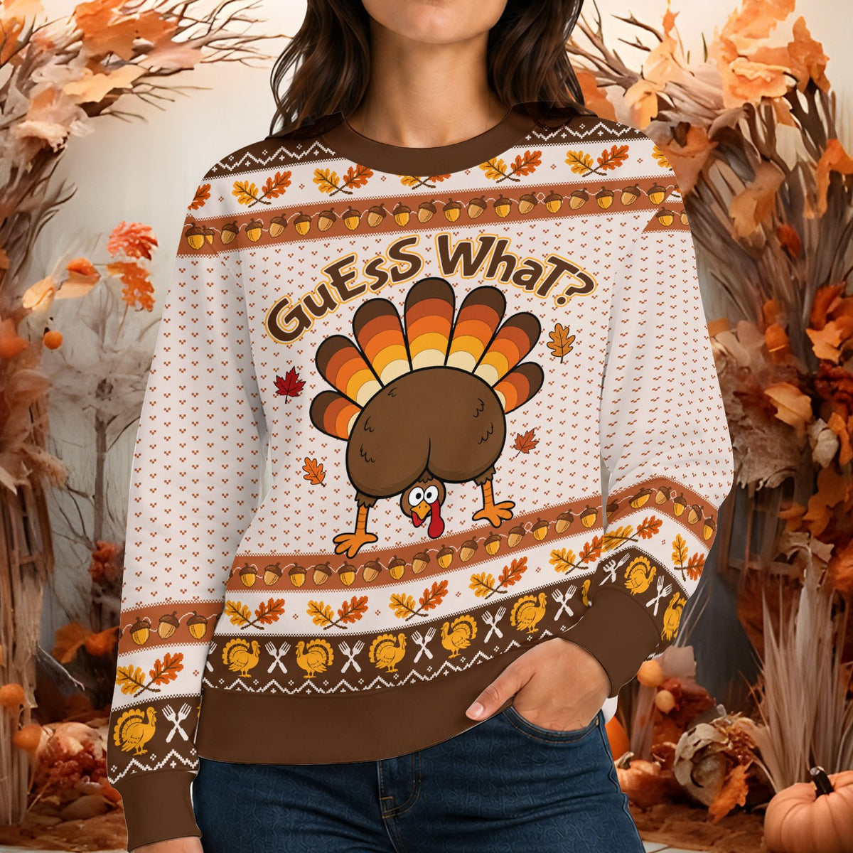 Lifestyle shot of the funny turkey thanksgiving sweater