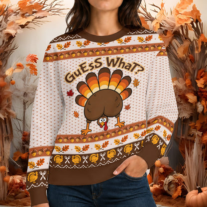Lifestyle shot of the funny turkey thanksgiving sweater