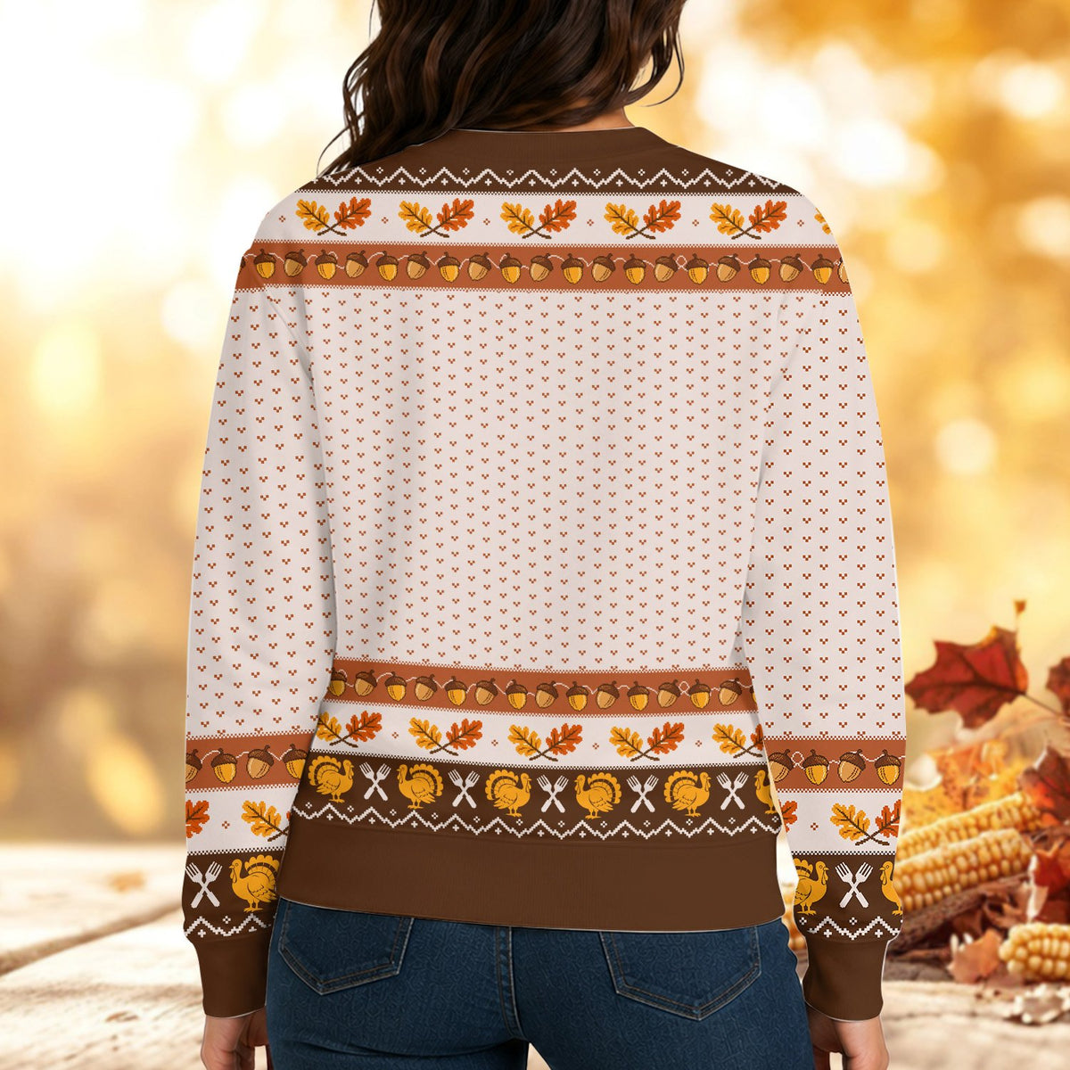 Person modeling the holiday ugly sweater in a festive setting