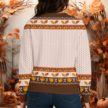 Close up lifestyle view of the thanksgiving ugly sweater design