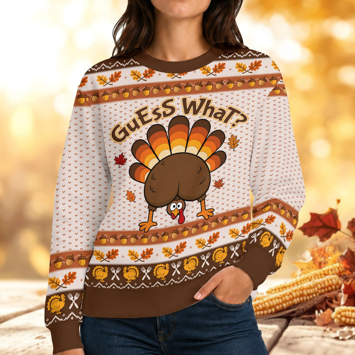 Adult wearing the white thanksgiving ugly sweater at a holiday gathering