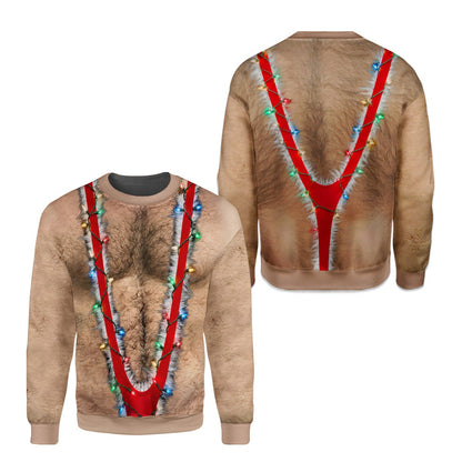 Close up of the red suspenders and Christmas lights print on the sweater
